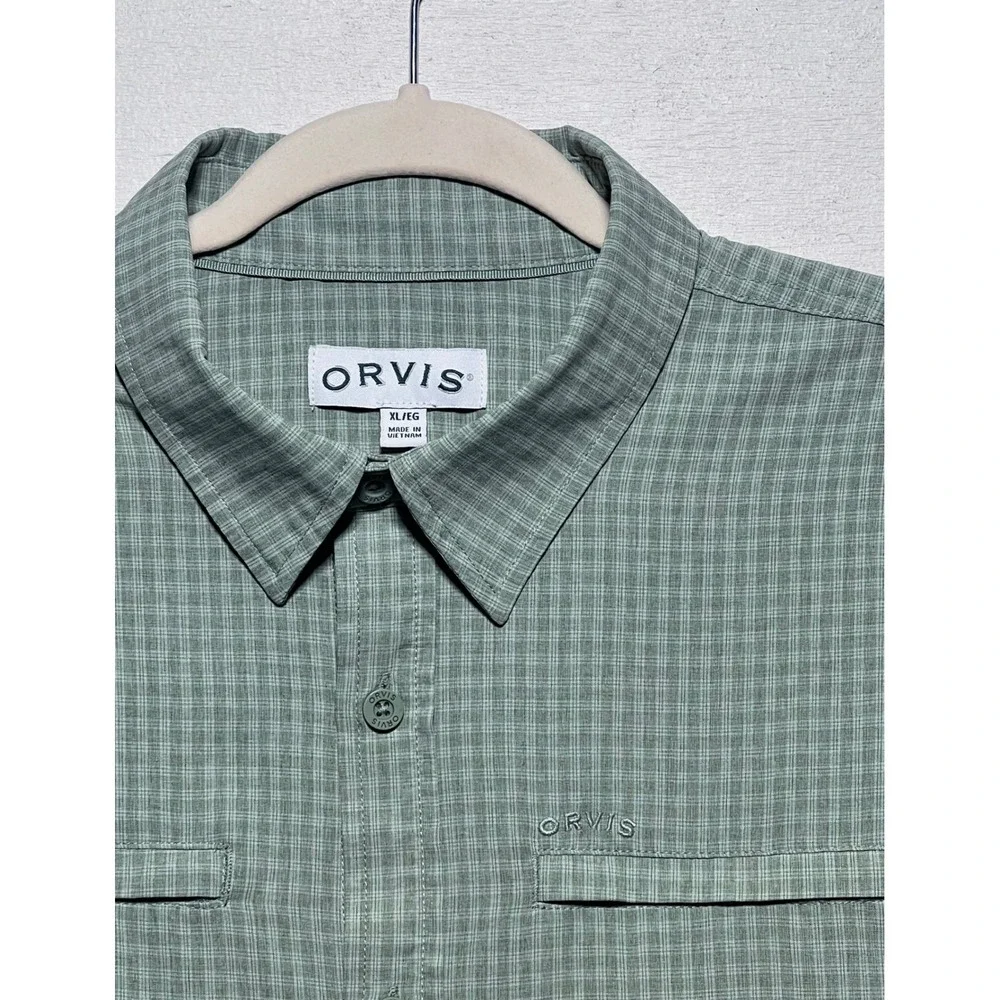Orvis Mens XL Sage Green Micro Check Short Sleeve Performance Button Down Shirt